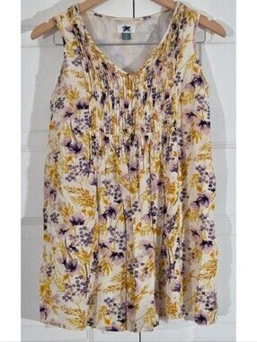 Floral Pleated Sleeveless Tank Top - Cream with Yellow & Purple -